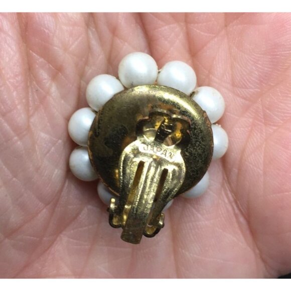 Vintage Women's White, Blue and Gold Tone Beaded Flower Shaped Clip on Earrings - Picture 5 of 5